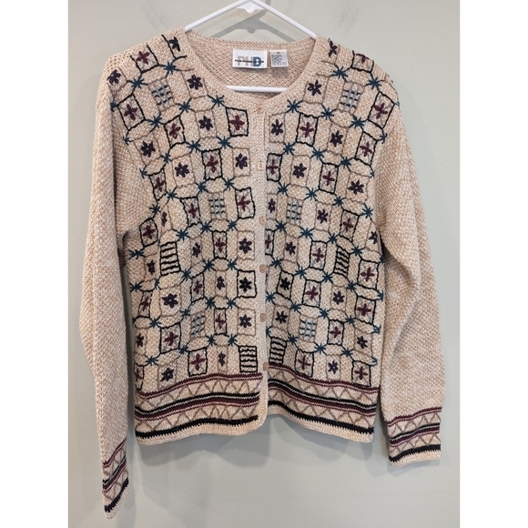 Paul Harris Design Vintage Tan Knit Cotton Ramie Embroidered Cardigan Medium - Picture 1 of 9